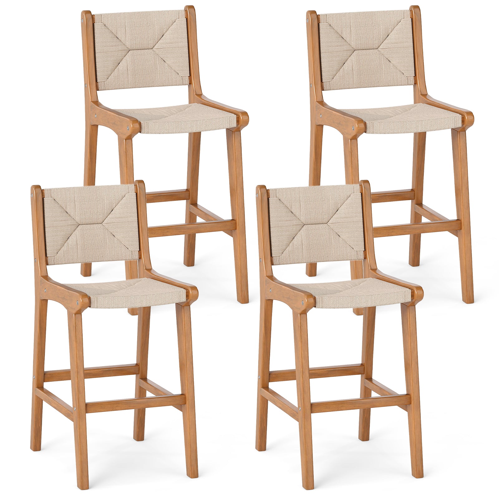 Set of 4 Outdoor Counter Height Bar Stool Woven Paper Rope Patio Barstool with Teak Wood Frame Patio Bar Furniture Options at Gallery Canada