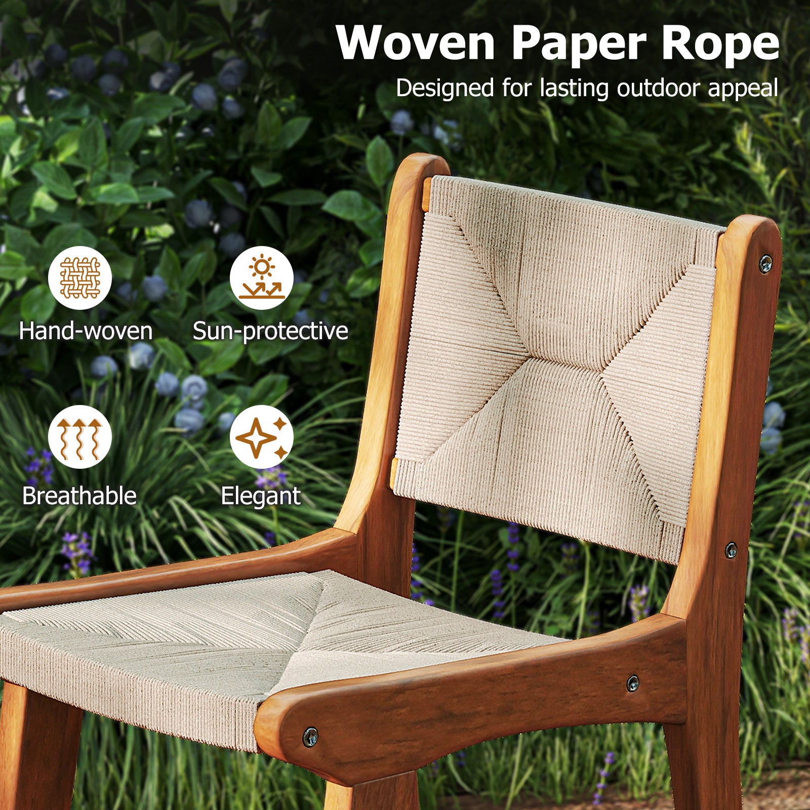 Set of 4 Outdoor Counter Height Bar Stool Woven Paper Rope Patio Barstool with Teak Wood Frame Patio Bar Furniture at Gallery Canada
