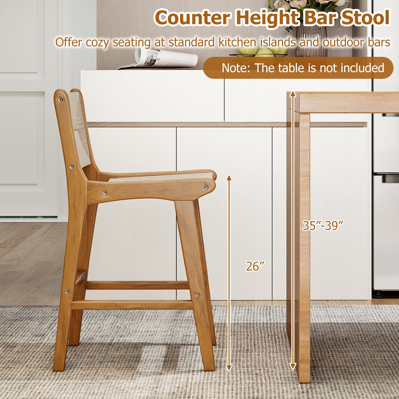 Set of 4 Outdoor Counter Height Bar Stool Woven Paper Rope Patio Barstool with Teak Wood Frame Patio Bar Furniture at Gallery Canada