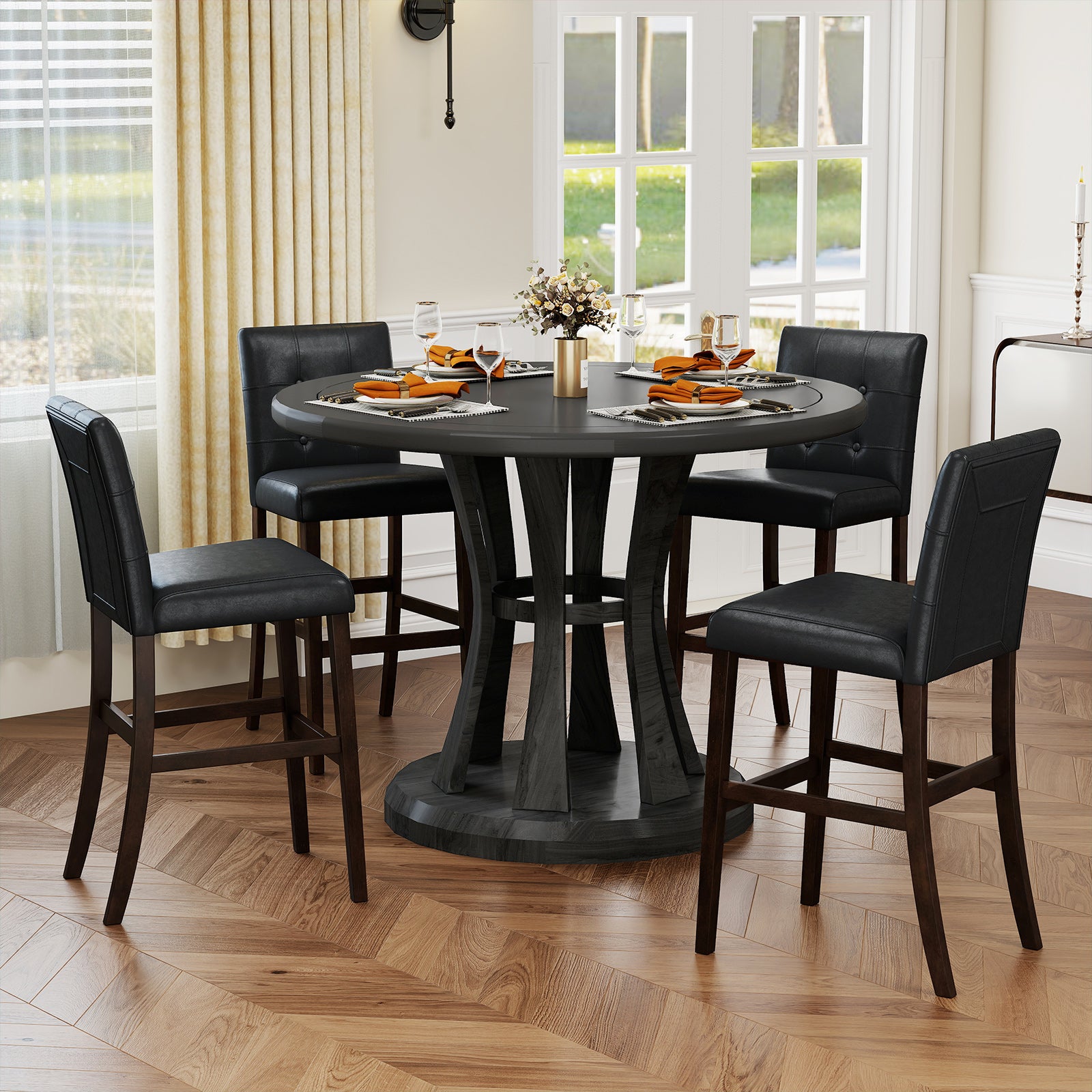 Set of 4 PVC Dining Leather Bar Stools with Solid Wood Legs-24 icnh Bar Stools at Gallery Canada