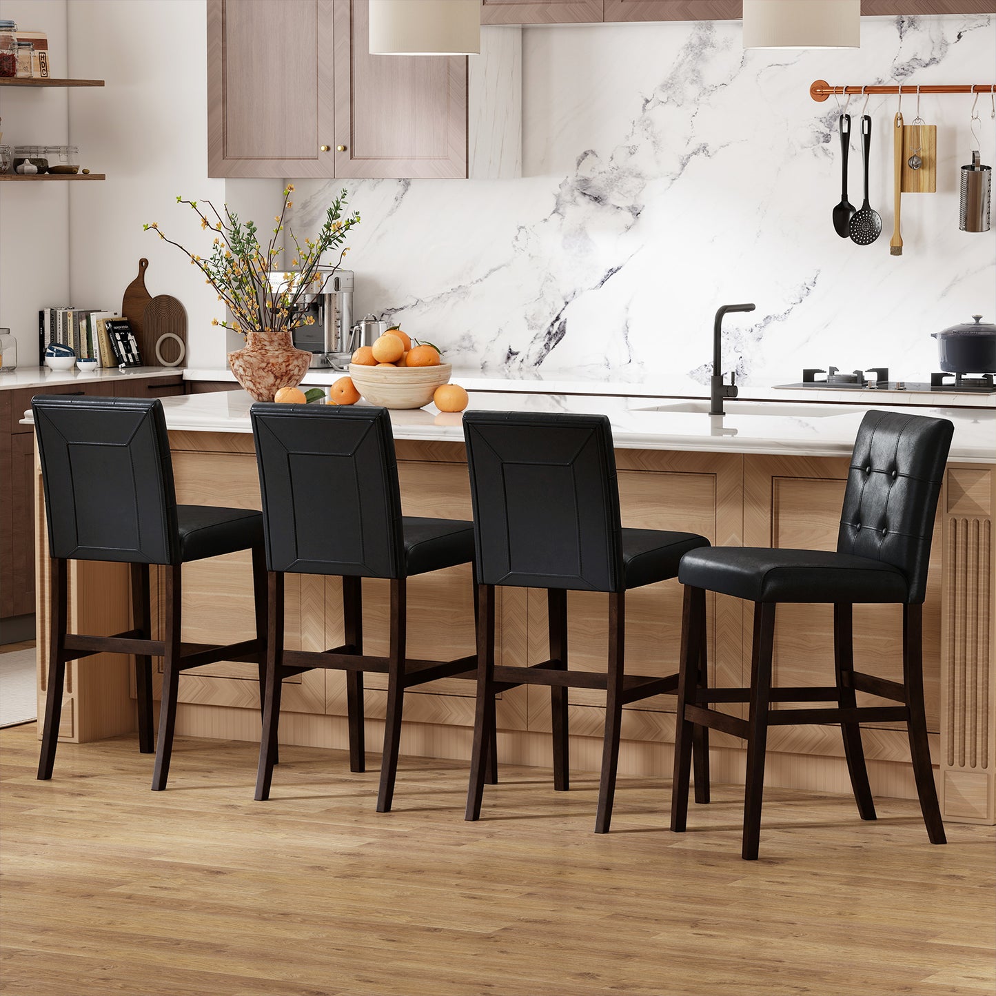 Set of 4 PVC Dining Leather Bar Stools with Solid Wood Legs-24 icnh Bar Stools at Gallery Canada