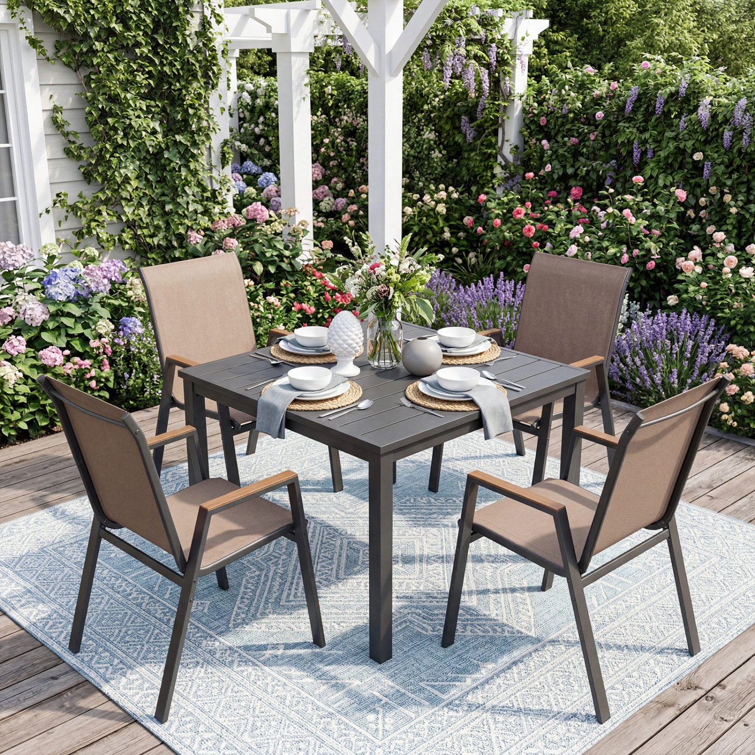 Set of 4 Stackable High Back Patio Chairs, 400 LBS, Brown Patio Dining Chairs at Gallery Canada