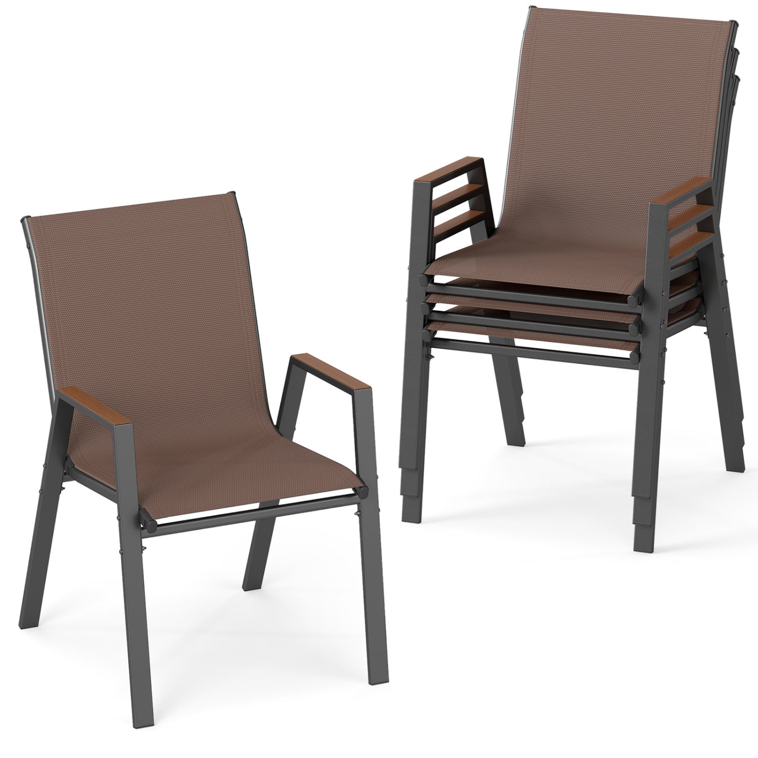 Set of 4 Stackable High Back Patio Chairs, 400 LBS, Brown Patio Dining Chairs Brown at Gallery Canada