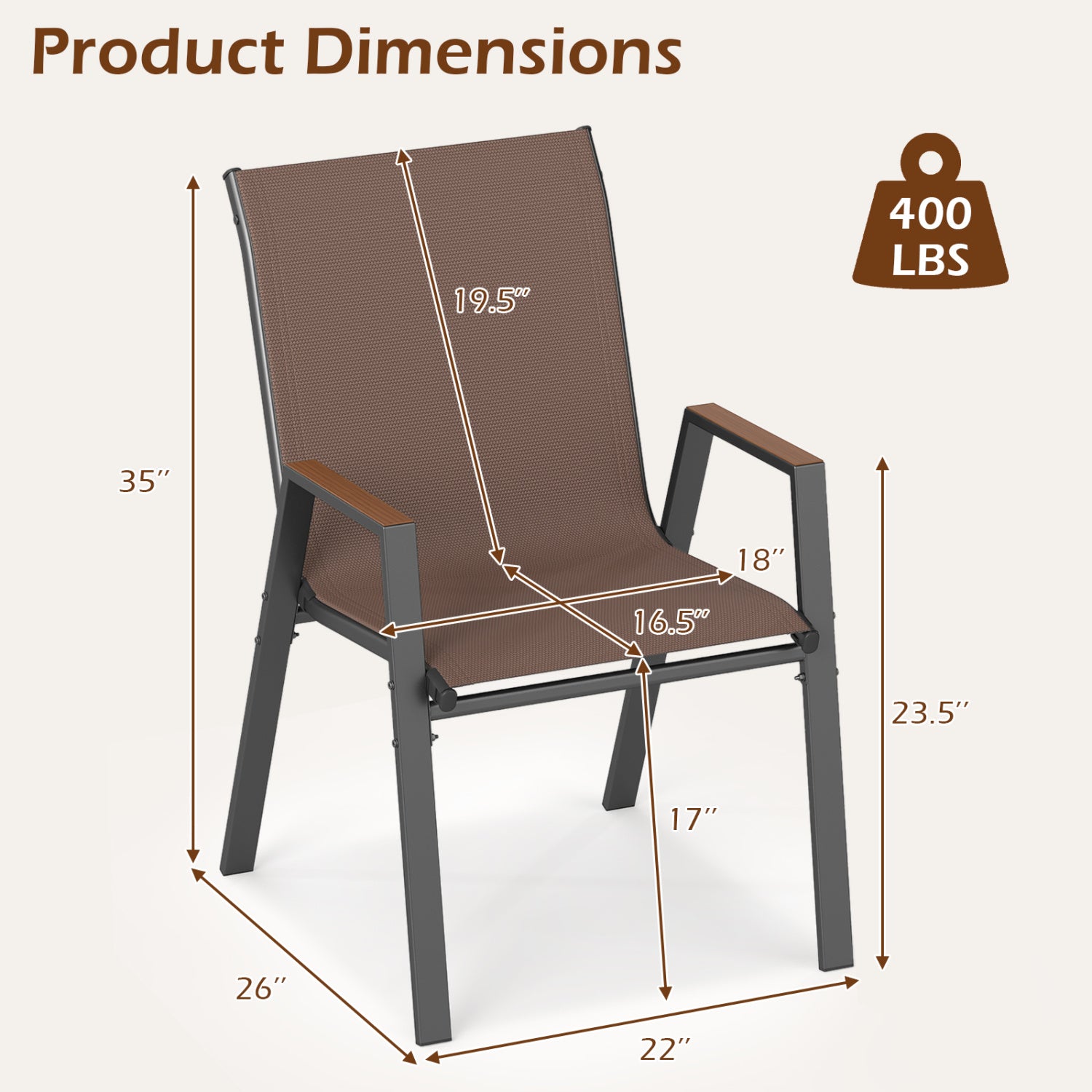 Set of 4 Stackable High Back Patio Chairs, 400 LBS, Brown Patio Dining Chairs at Gallery Canada