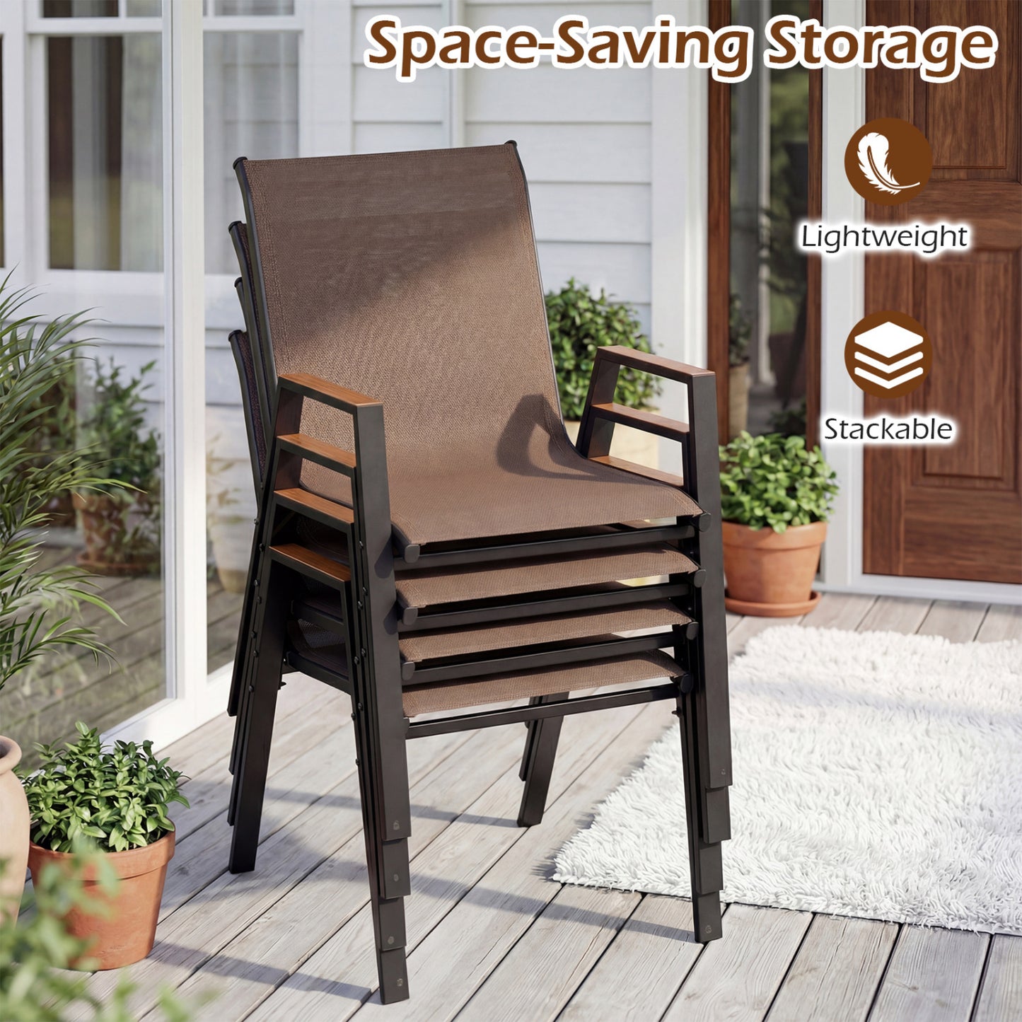 Set of 4 Stackable High Back Patio Chairs, 400 LBS, Brown Patio Dining Chairs at Gallery Canada