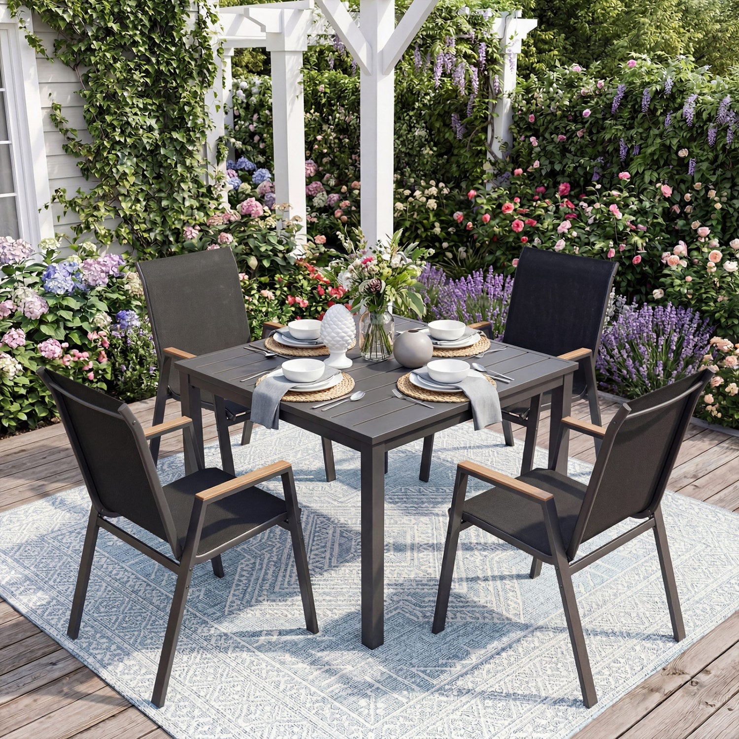 Set Of 4 Stackable Patio Chairs, High Backs, 400 LBS, Black Patio Dining Chairs at Gallery Canada