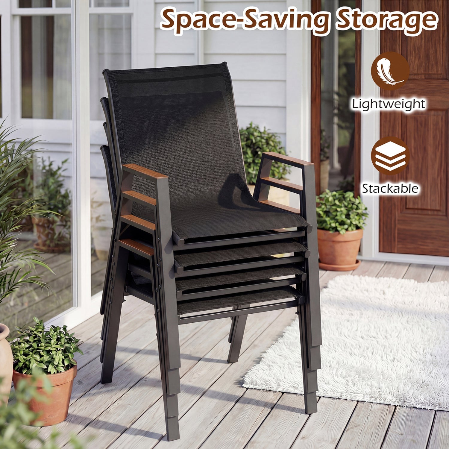 Set Of 4 Stackable Patio Chairs, High Backs, 400 LBS, Black Patio Dining Chairs at Gallery Canada