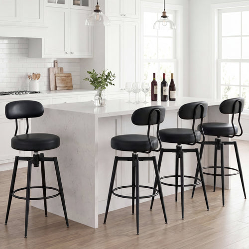 Set Of 4 Swivel Barstools, Faux Leather Upholstered Seat And Back, Black