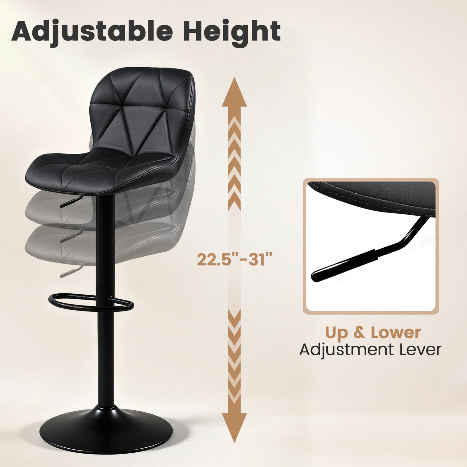 4 Upholstered Swivel Bar Stools, Adjustable, Curved Backs, Black Bar Stools at Gallery Canada