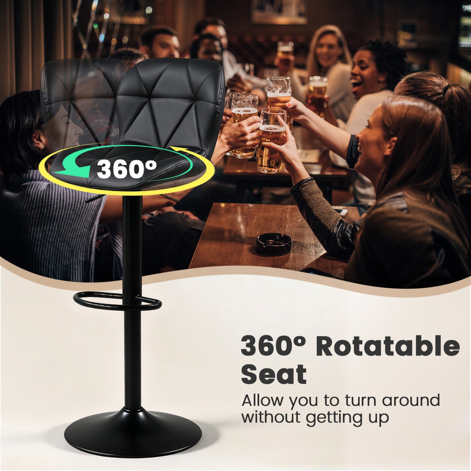 4 Upholstered Swivel Bar Stools, Adjustable, Curved Backs, Black Bar Stools at Gallery Canada