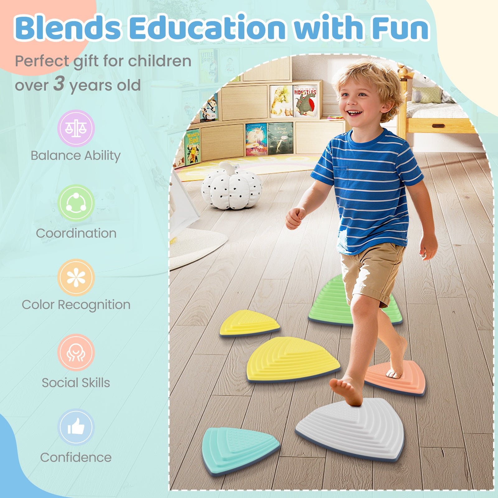 Set of 6 Stepping Stones for Kids Non-Slip Balance Stones with Storage Bag-Set of 6, Multicolor Toy Sports at Gallery Canada