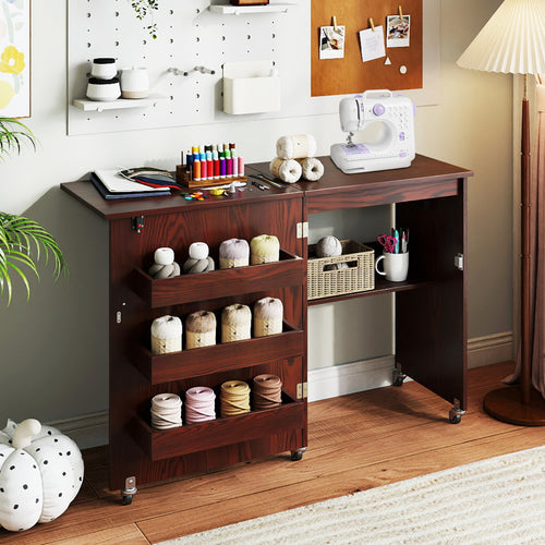 Sewing Machine Table With Charging Station, Lockable Casters, Brown