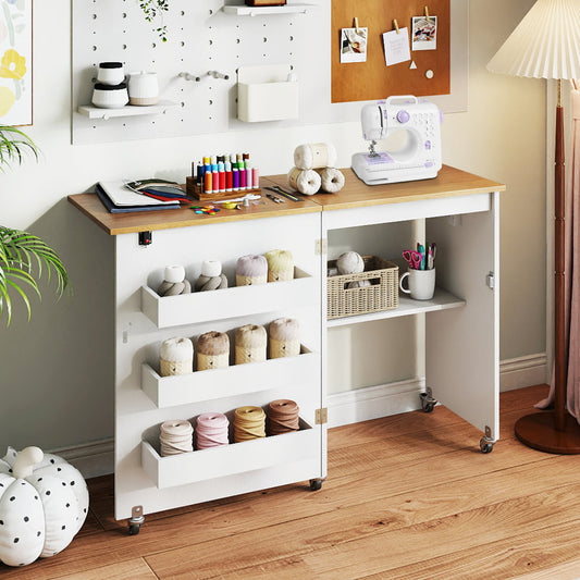 Sewing Machine Table, Charging Station, Lockable Casters, White Sewing Tables Natural & White at Gallery Canada