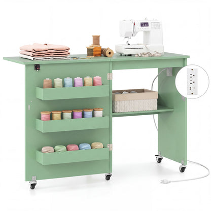Sewing Machine Table, Charging Station, Lockable Casters, Green Sewing Tables at Gallery Canada