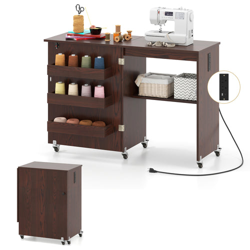 Sewing Machine Table With Charging Station, Lockable Casters, Brown