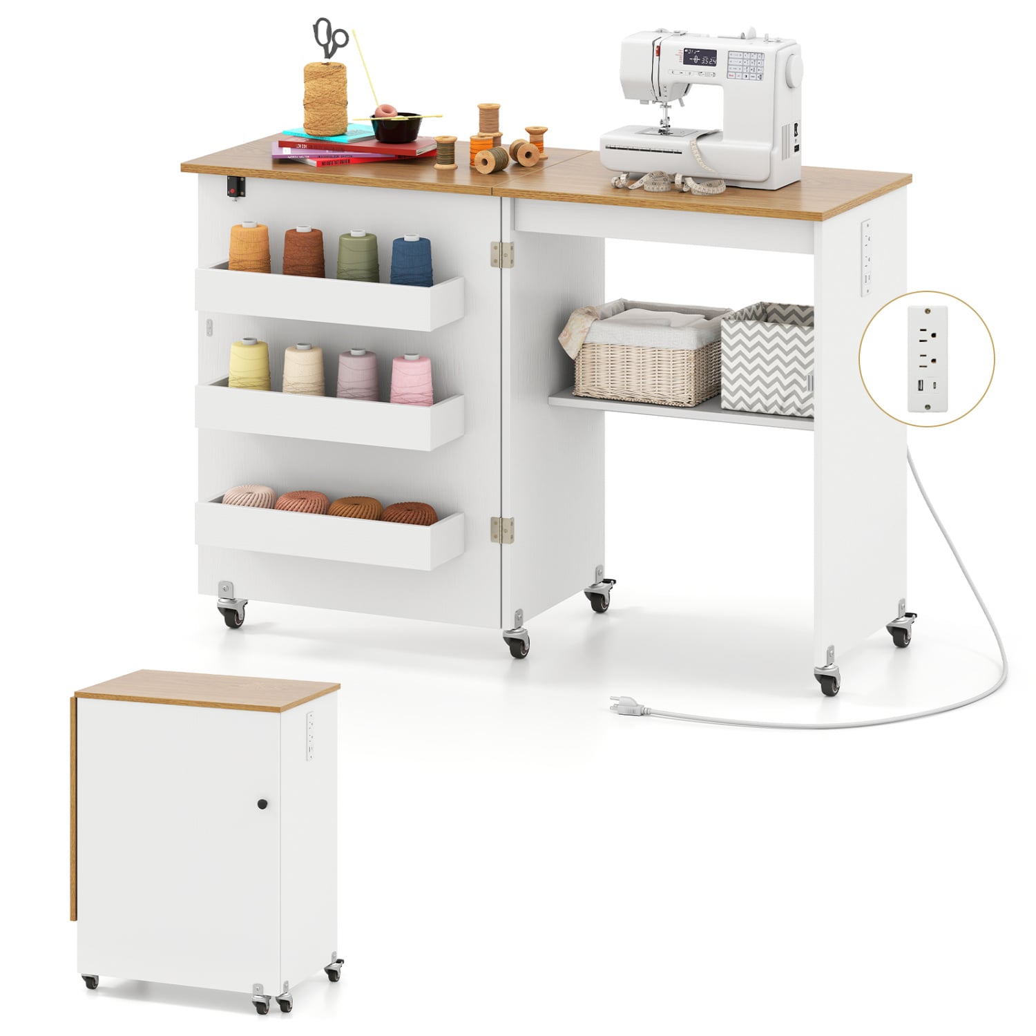 Sewing Machine Table, Charging Station, Lockable Casters, White Sewing Tables Natural & White at Gallery Canada