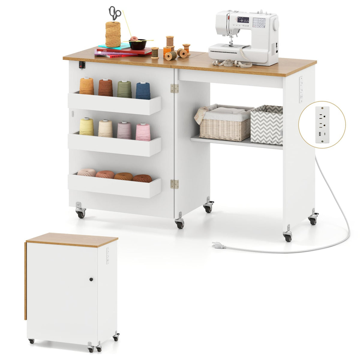 Sewing Machine Table, Charging Station, Lockable Casters, White Sewing Tables Natural & White at Gallery Canada