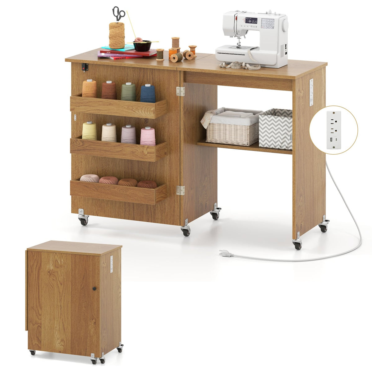 Sewing Machine Table With Charging Station, Lockable Casters, Natural Sewing Tables at Gallery Canada
