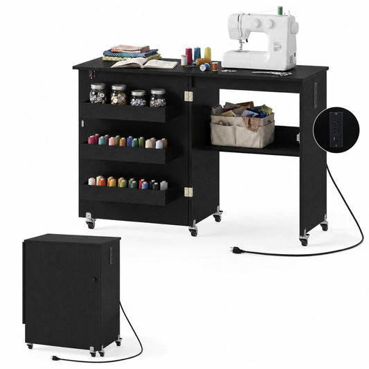 Sewing Machine Table with Charging Station and Lockable Casters, Black Sewing Tables Black at Gallery Canada