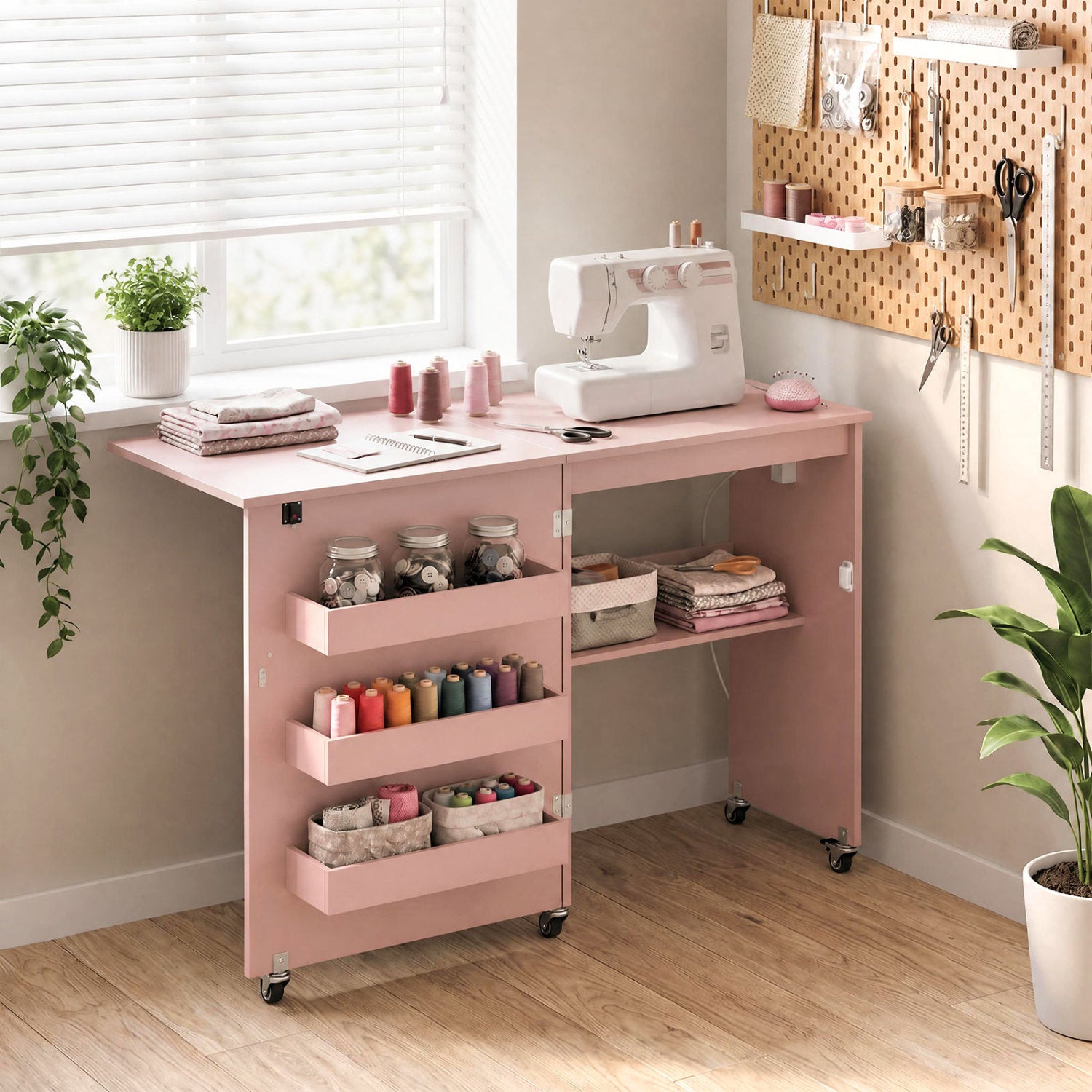 Sewing Machine Table, Charging Station, Lockable Casters, Pink Sewing Tables at Gallery Canada