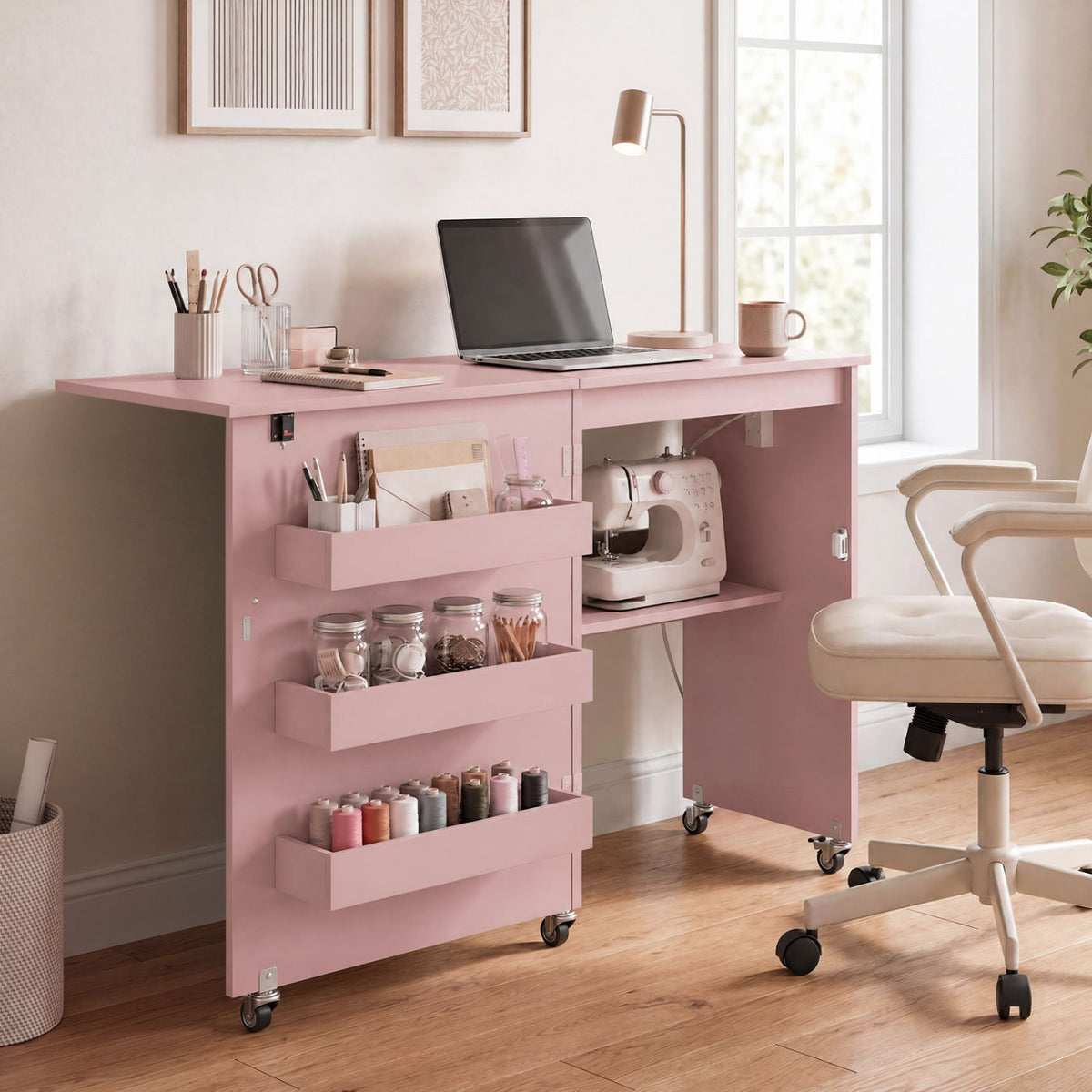 Sewing Machine Table, Charging Station, Lockable Casters, Pink Sewing Tables at Gallery Canada