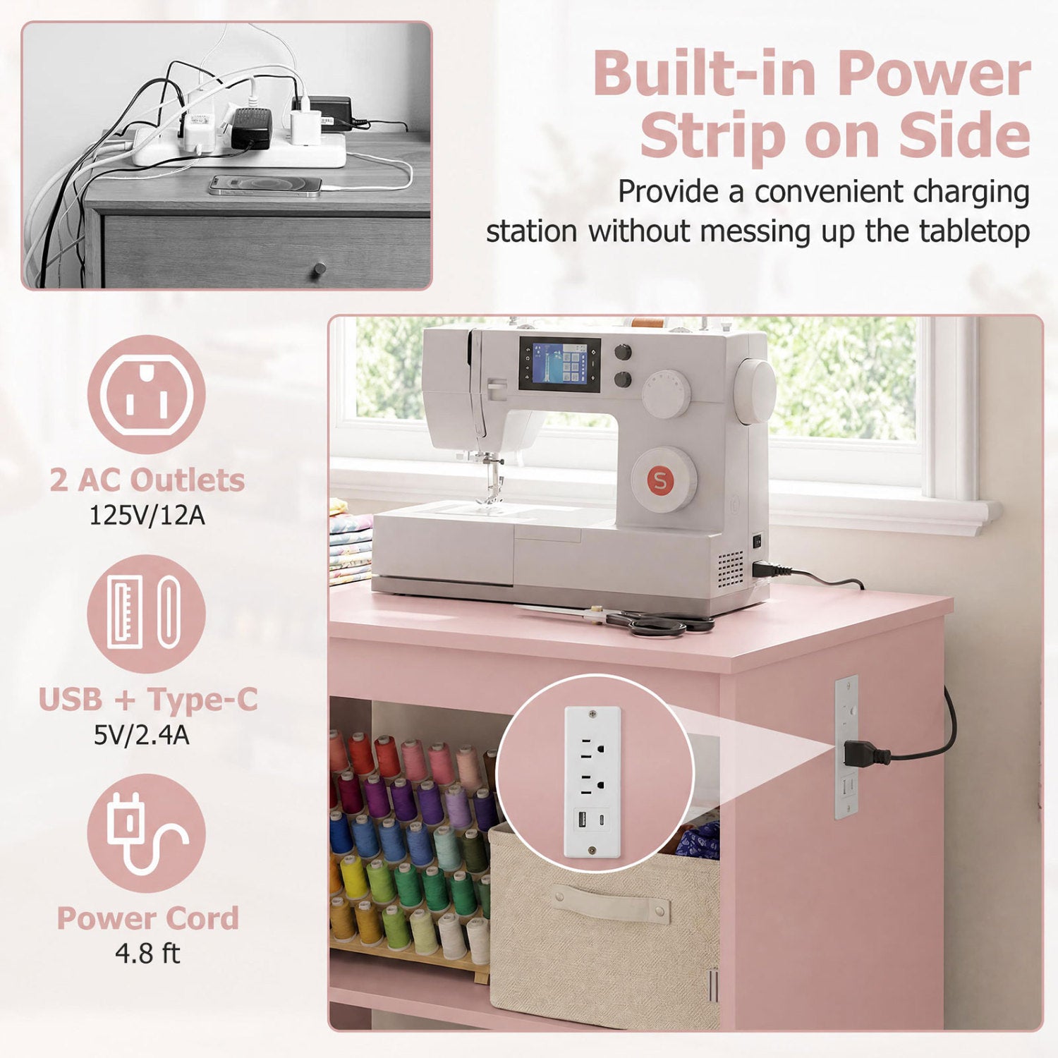 Sewing Machine Table, Charging Station, Lockable Casters, Pink Sewing Tables at Gallery Canada