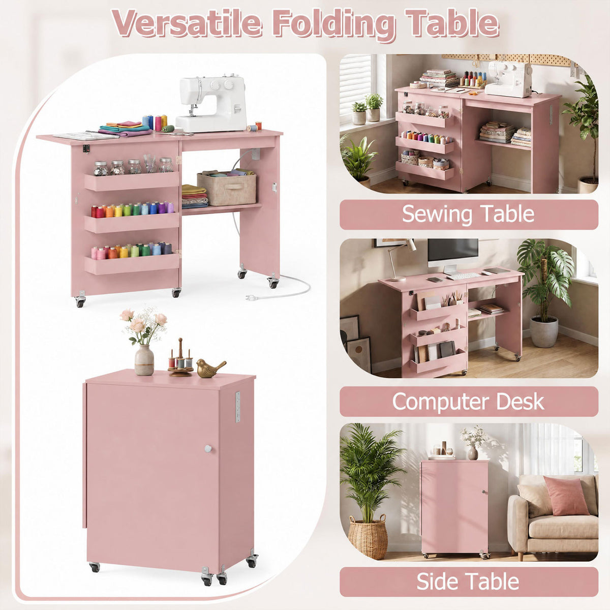 Sewing Machine Table, Charging Station, Lockable Casters, Pink Sewing Tables at Gallery Canada