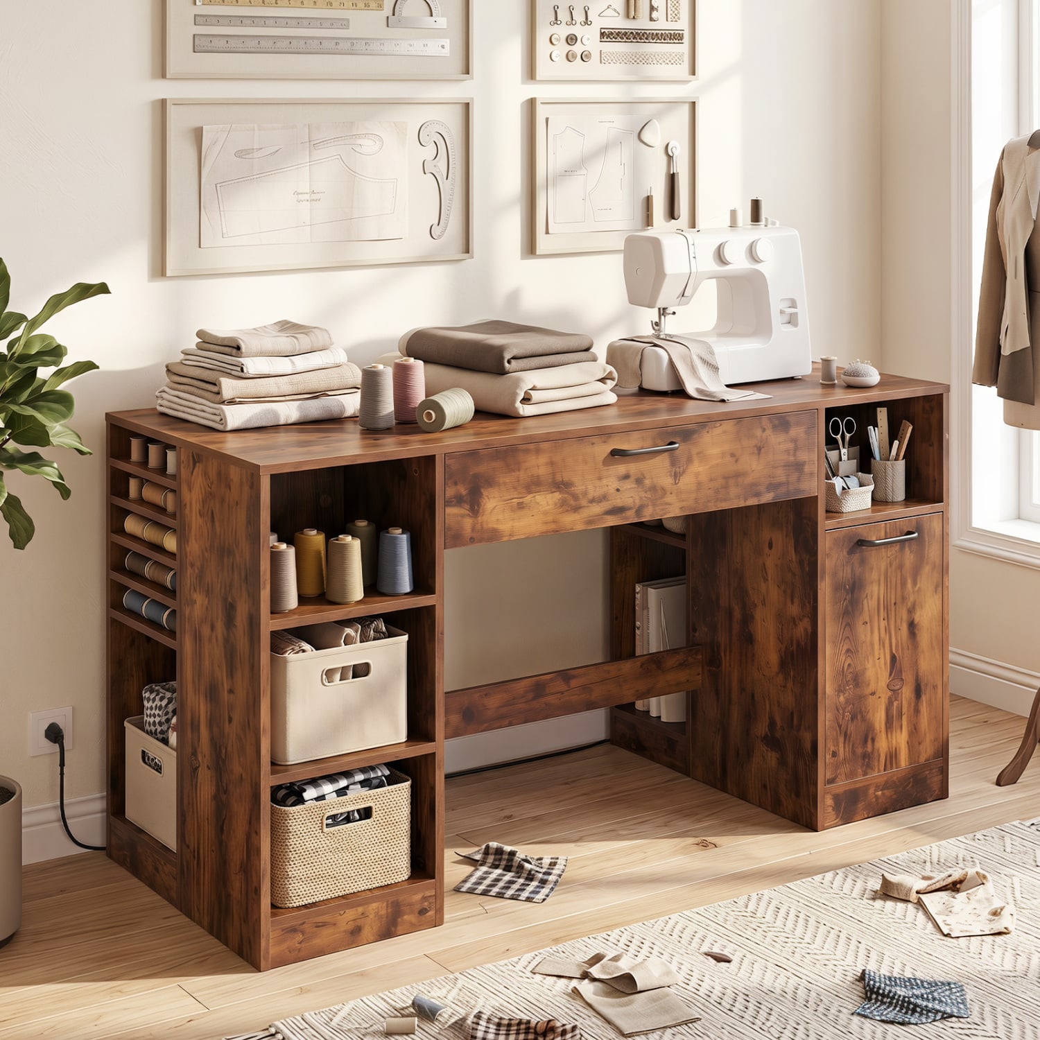Sewing Table with Power Outlets, 2 Drawers, Rustic Brown Sewing Tables at Gallery Canada
