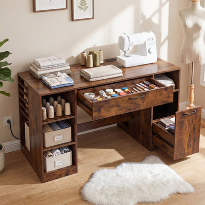 Sewing Table with Power Outlets, 2 Drawers, Rustic Brown Sewing Tables at Gallery Canada