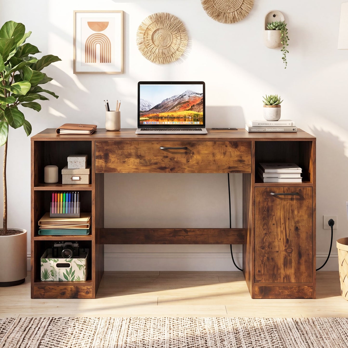 Sewing Table with Power Outlets, 2 Drawers, Rustic Brown Sewing Tables at Gallery Canada