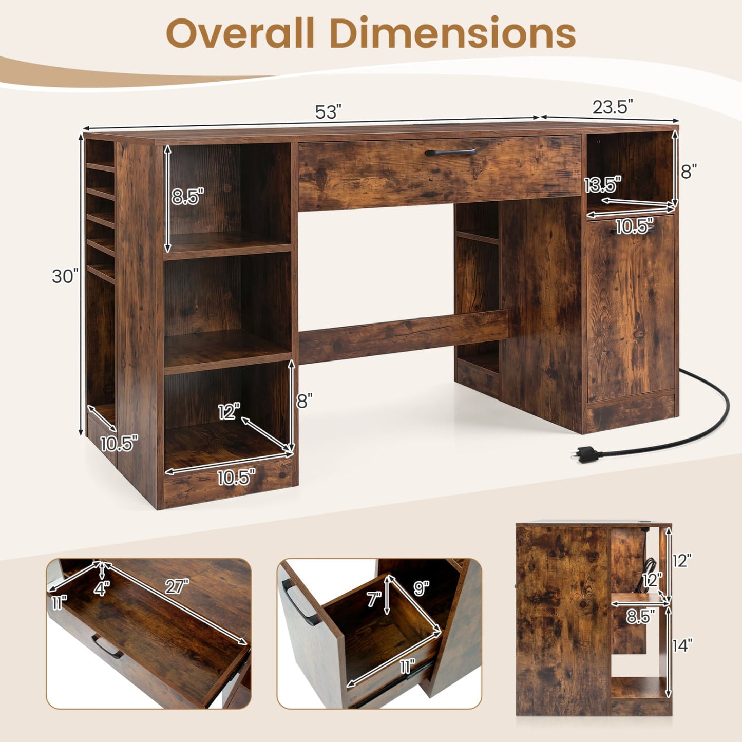Sewing Table with Power Outlets, 2 Drawers, Rustic Brown Sewing Tables at Gallery Canada