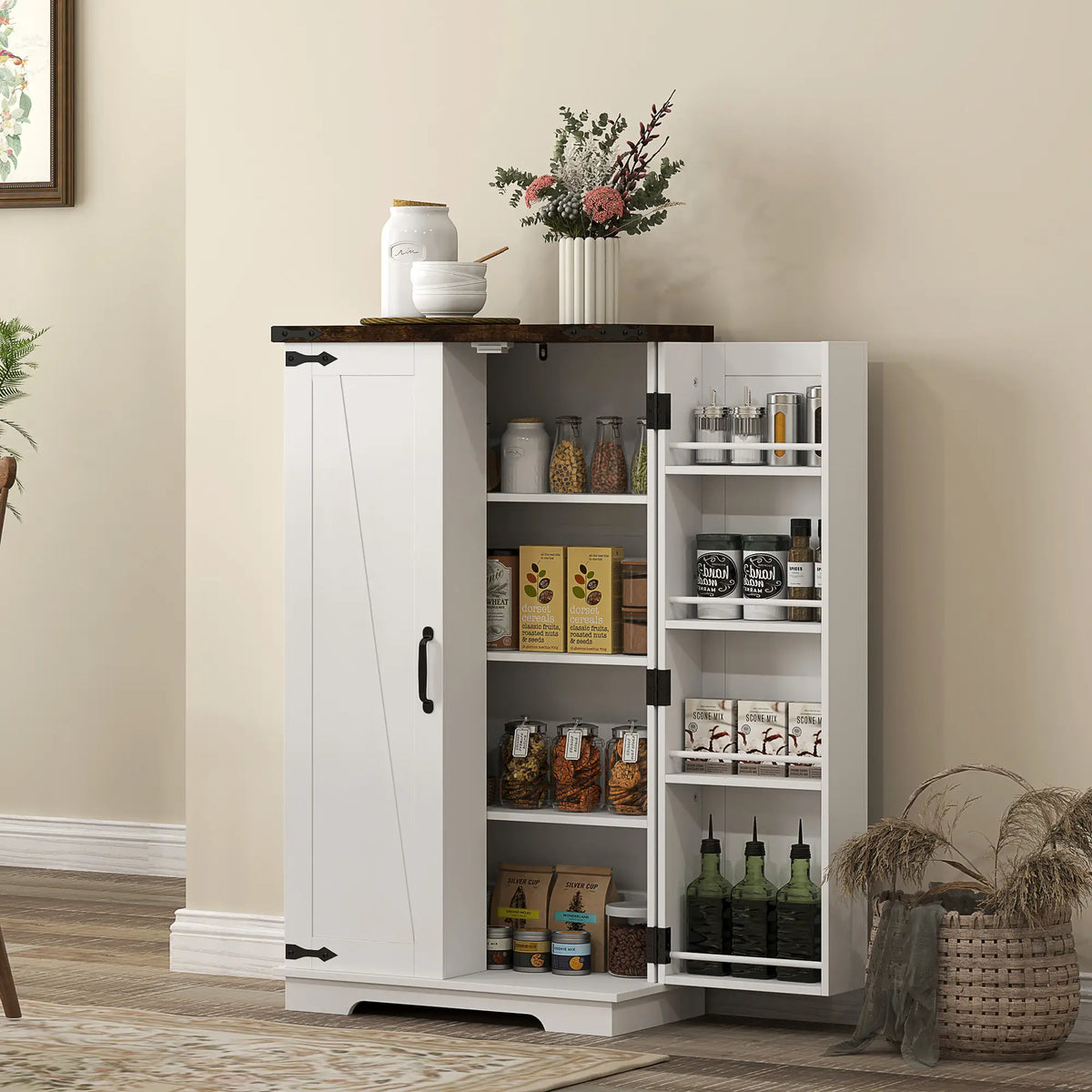 Farmhouse Kitchen Pantry Cabinet, Adjustable Shelves, White Kitchen Pantry Cabinets at Gallery Canada