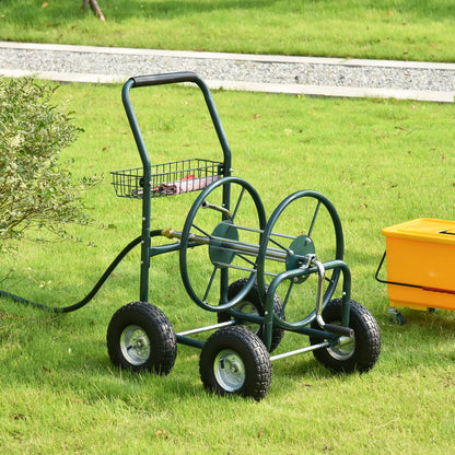 Portable Garden Hose Reel Cart With 4 Wheels, Storage Basket, Farm