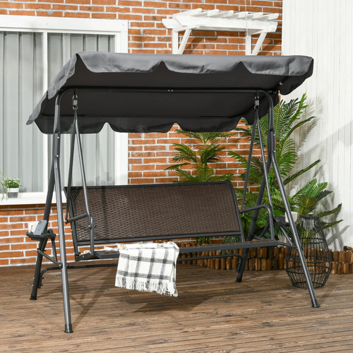 3-Seat Patio Swing Chair, Outdoor Canopy Glider, Rattan Seat, Steel Frame, Dark Grey