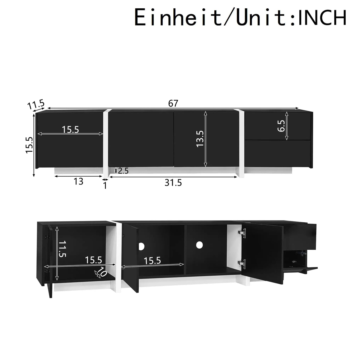 TV Cabinet, High Gloss Finish, LED Light, 67" L x 11.5" W x 11.5" H, Black TV Stands at Gallery Canada