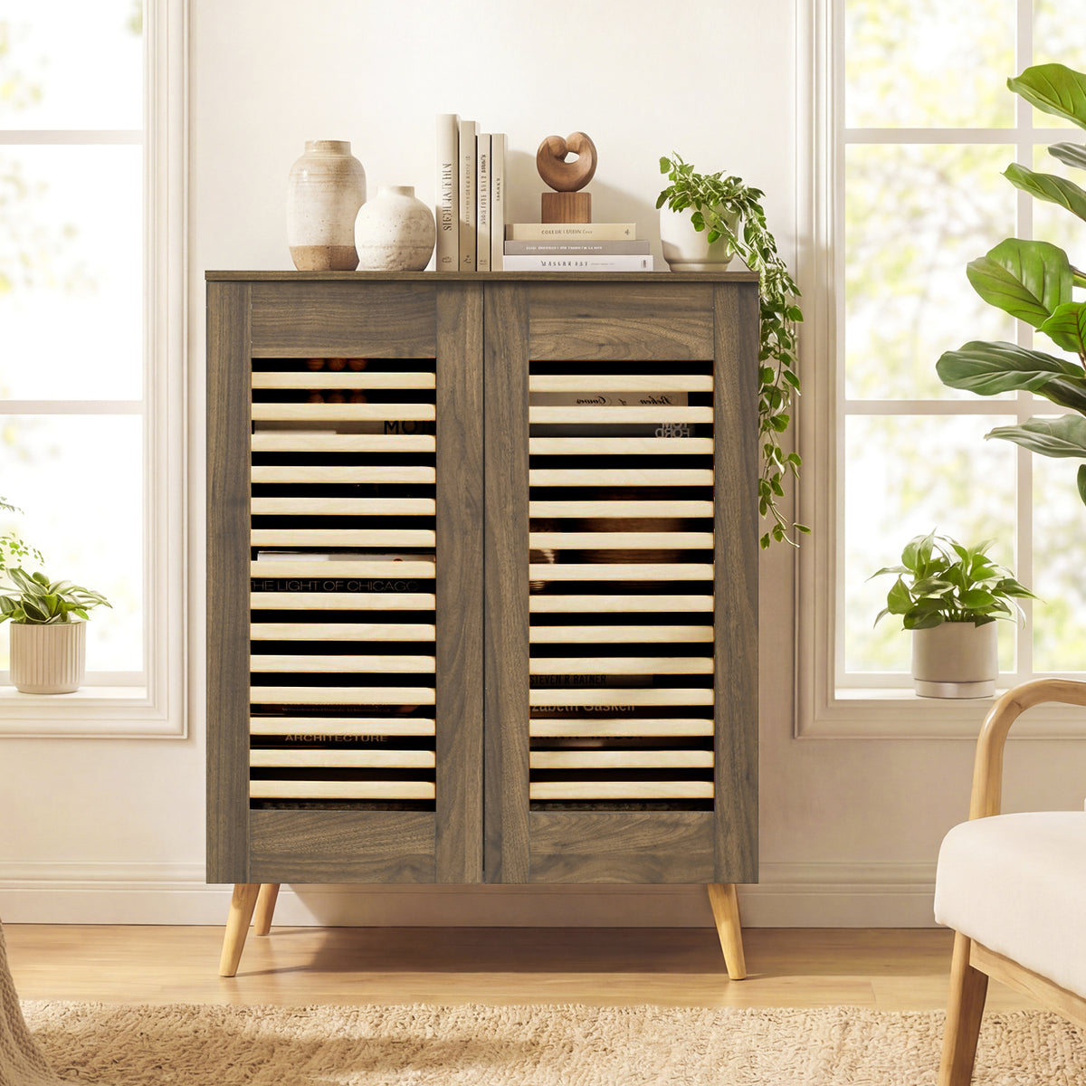 Shoe Cabinet with Louvered Doors and Removable Shelves, Walnut Shoe Racks & Storage Benches at Gallery Canada