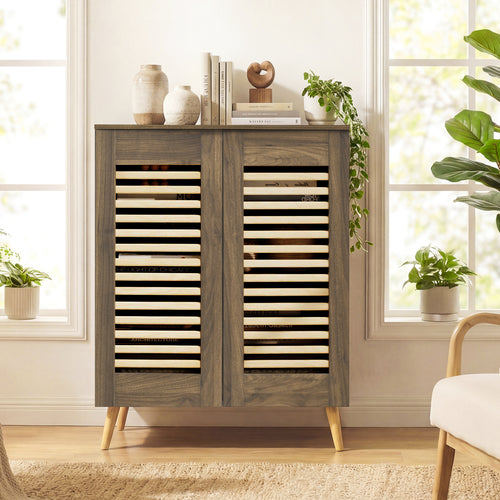 Shoe Cabinet with Louvered Doors and Removable Shelves, Walnut