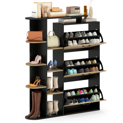 Shoe Cabinet with Open Shelves Modern Shoe Organizer with 3 Flip Drawers, Black