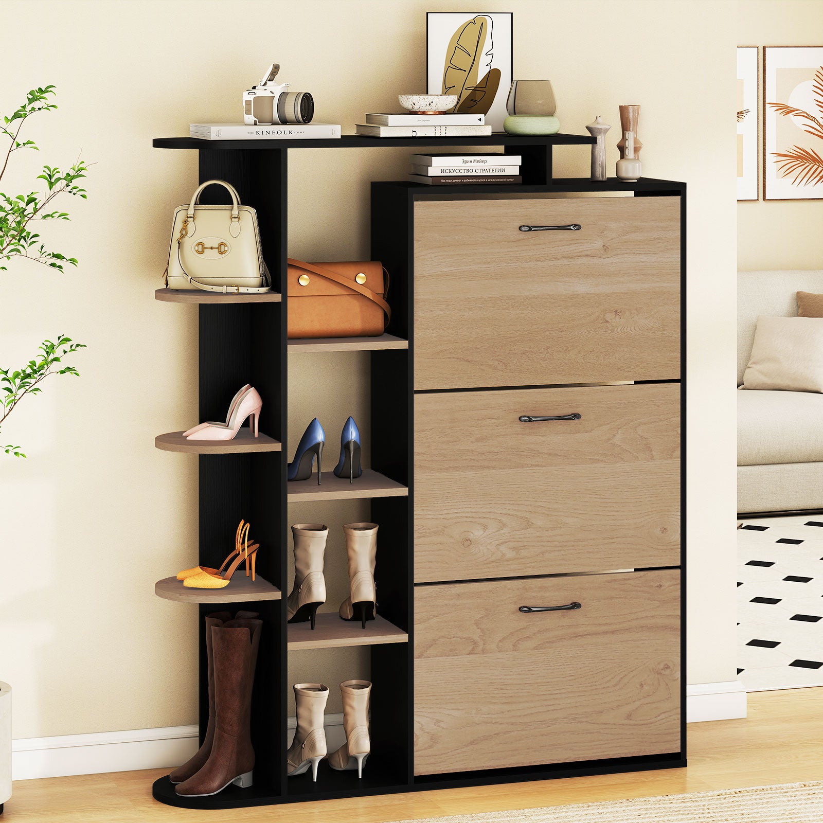 Shoe Cabinet with Open Shelves Modern Shoe Organizer with 3 Flip Drawers, Black Shoe Racks & Storage Benches at Gallery Canada