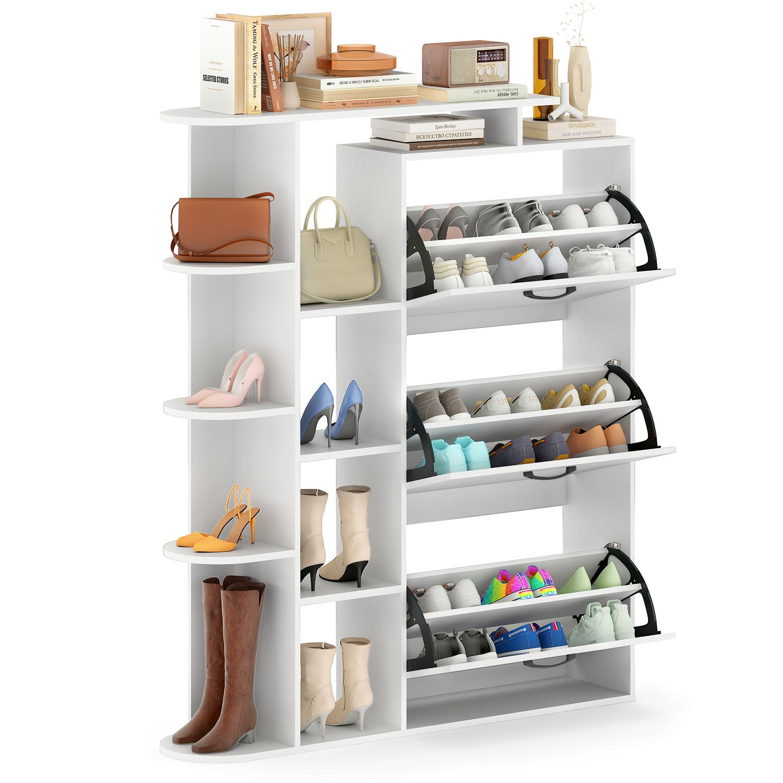 Shoe Cabinet with Open Shelves Modern Shoe Organizer with 3 Flip Drawers, White Shoe Racks & Storage Benches at Gallery Canada
