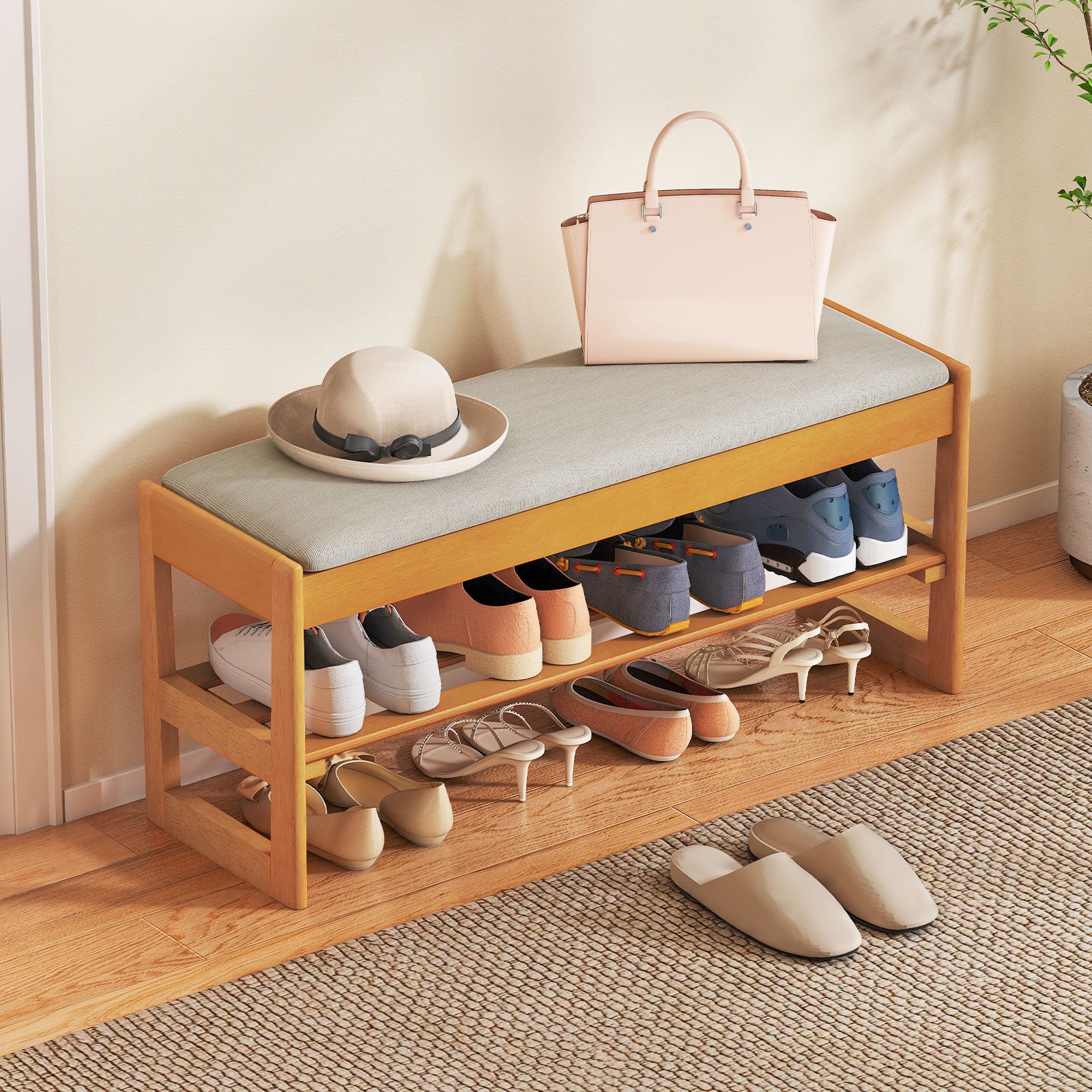 Shoe Rack Bench With Storage 2-Tier Rubberwood, Beige Shoe Racks & Storage Benches at Gallery Canada