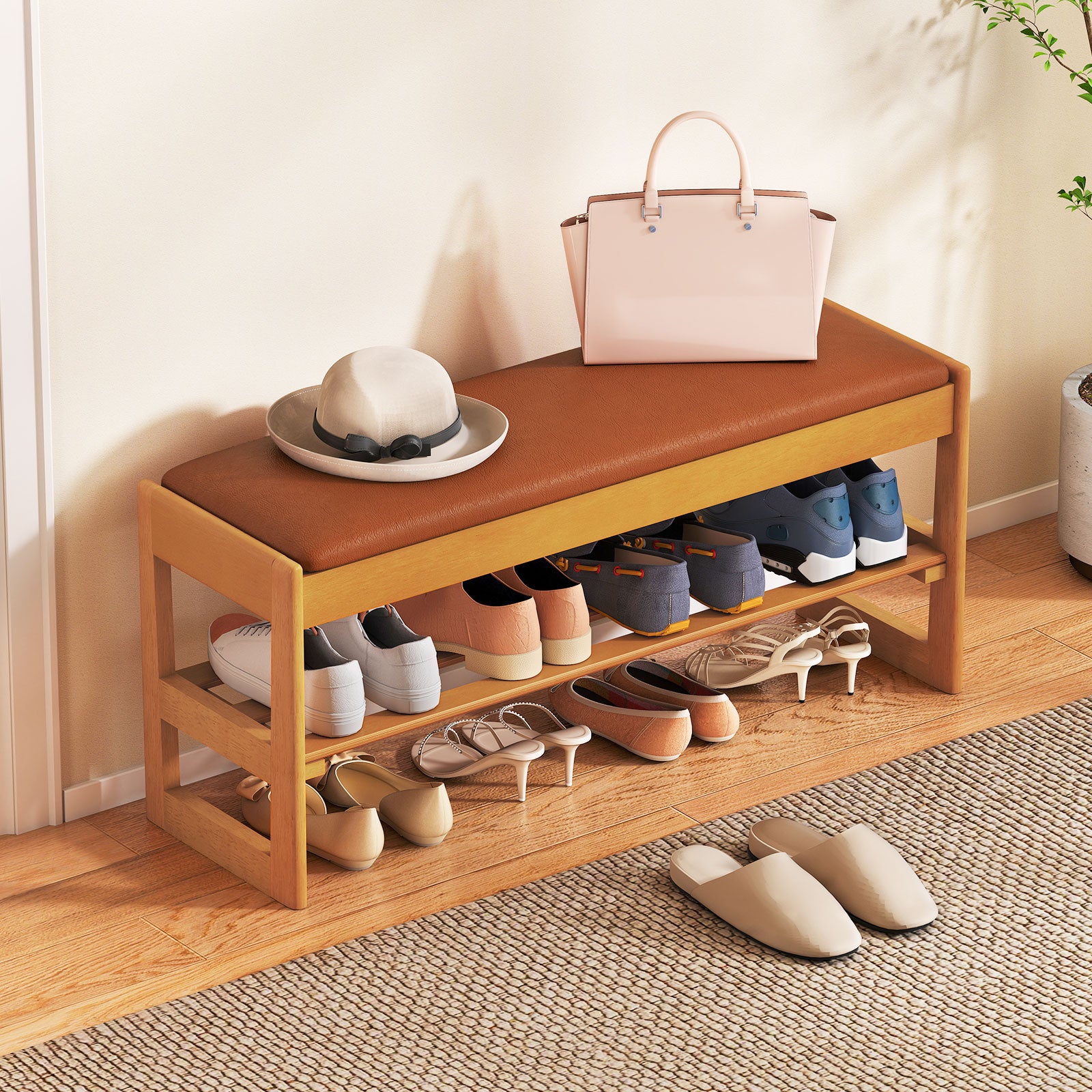 Shoe Rack Bench with Storage 2-Tier Rubberwood Entryway Bench with Flip-Open Storage, Brown Shoe Racks & Storage Benches at Gallery Canada