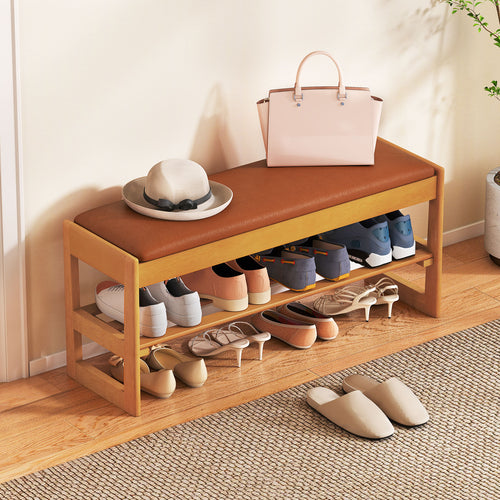Shoe Rack Bench with Storage 2-Tier Rubberwood Entryway Bench with Flip-Open Storage, Brown