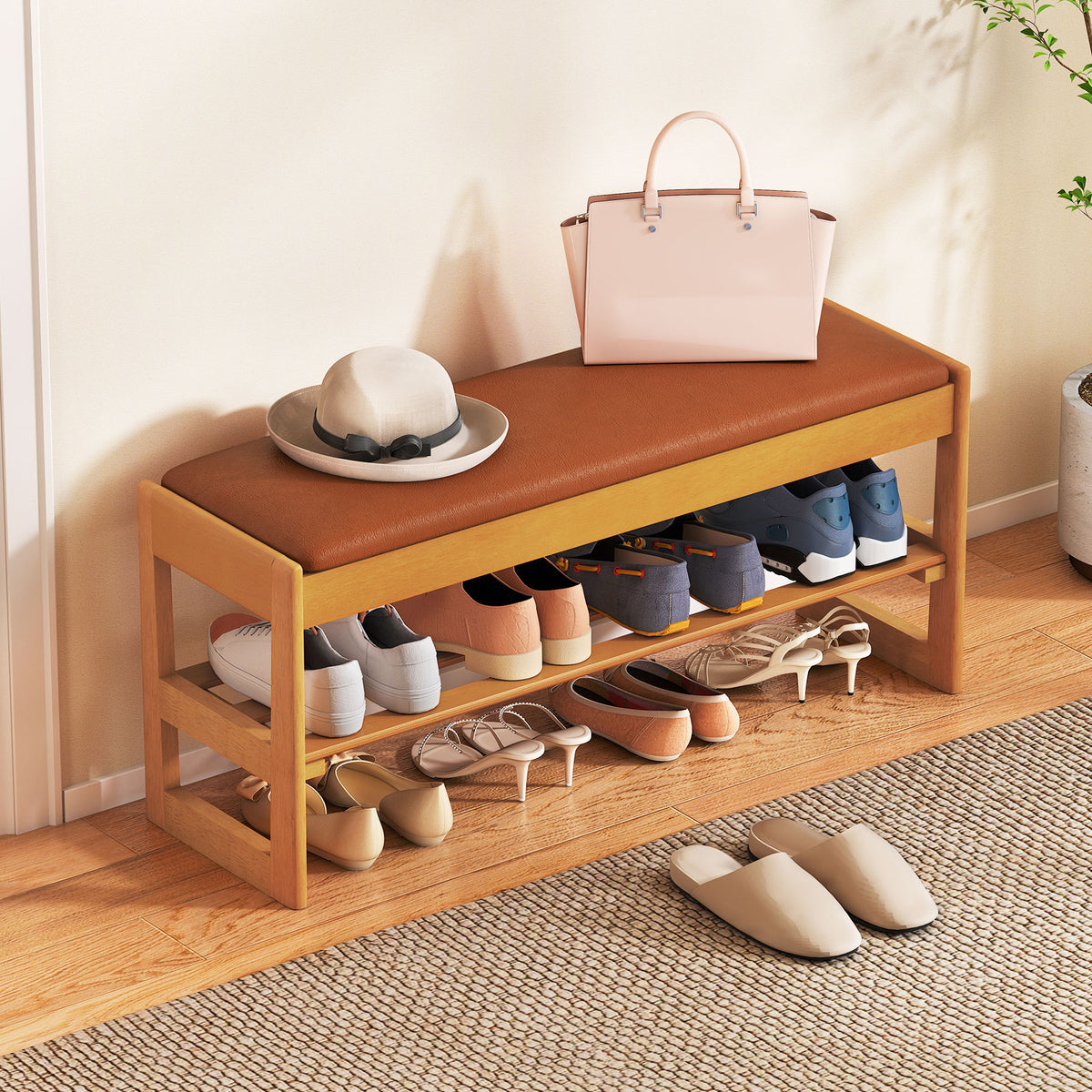 Shoe Rack Bench with Storage 2-Tier Rubberwood Entryway Bench with Flip-Open Storage, Brown Shoe Racks & Storage Benches Brown at Gallery Canada