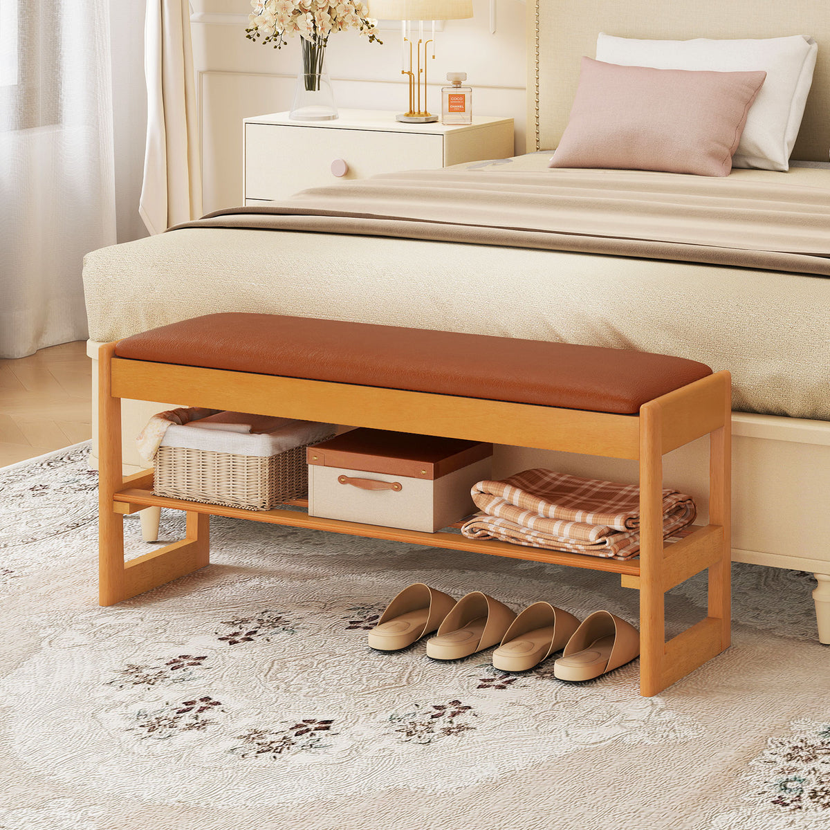 Shoe Rack Bench with Storage 2-Tier Rubberwood Entryway Bench with Flip-Open Storage, Brown Shoe Racks & Storage Benches at Gallery Canada