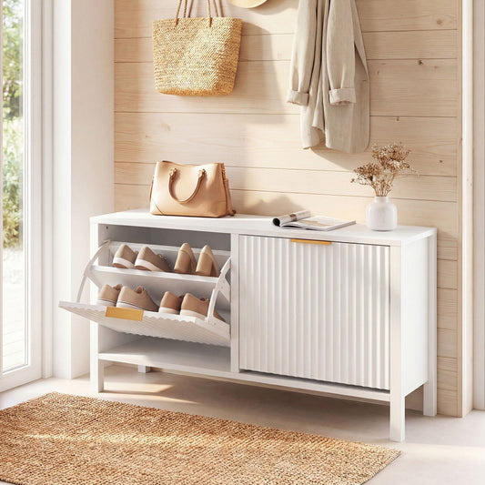 Shoe Storage Bench Narrow Wooden Entryway Bench with 2 Flip Drawers, White Shoe Racks & Storage Benches White at Gallery Canada