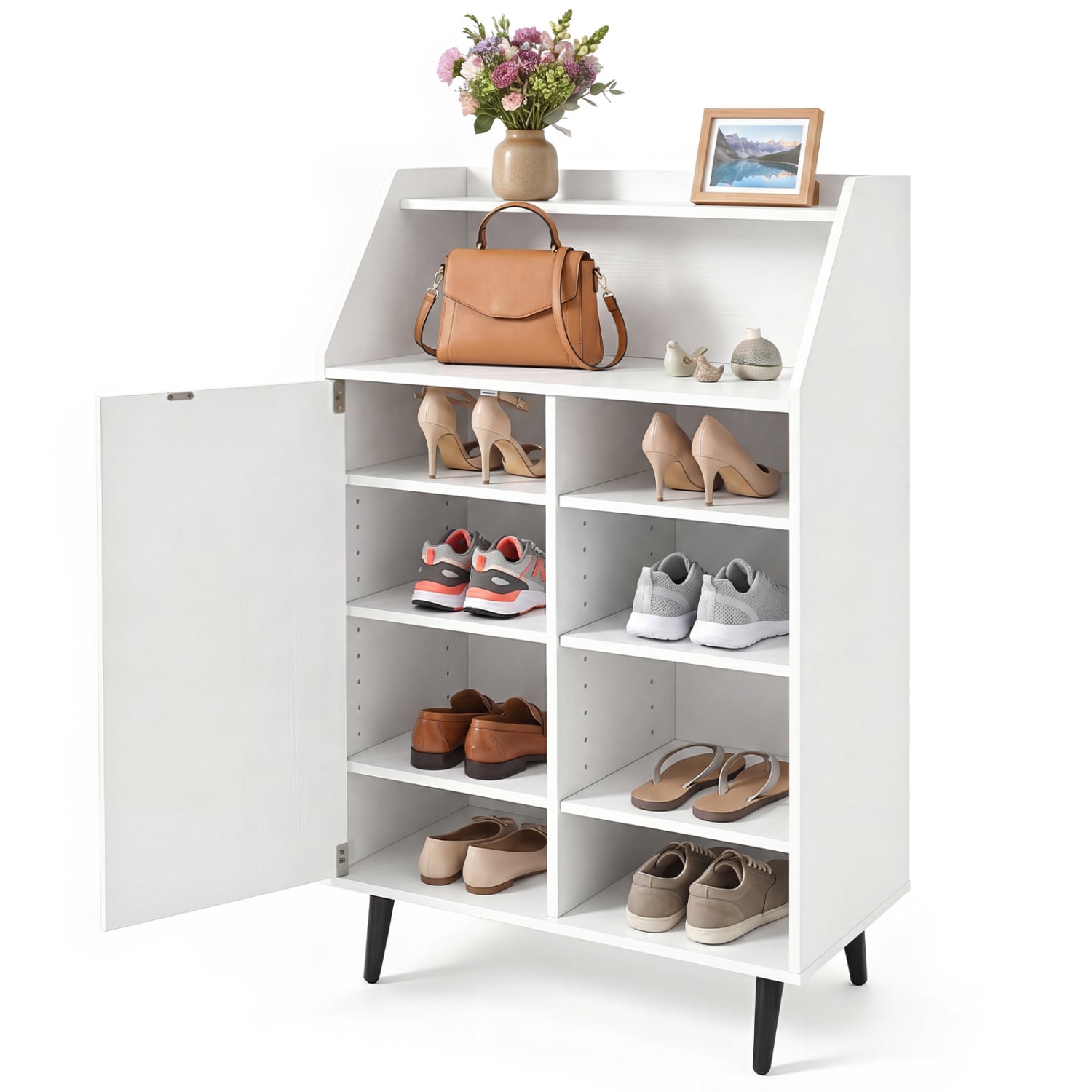 Shoe Storage Cabinet with 2-Tier Open Compartment and 4-Tier Adjustable Shelf, White Shoe Racks & Storage Benches White at Gallery Canada