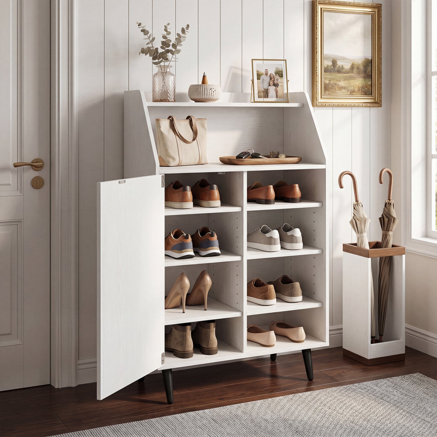 Shoe Storage Cabinet with 2-Tier Open Compartment and 4-Tier Adjustable Shelf, White Shoe Racks & Storage Benches at Gallery Canada