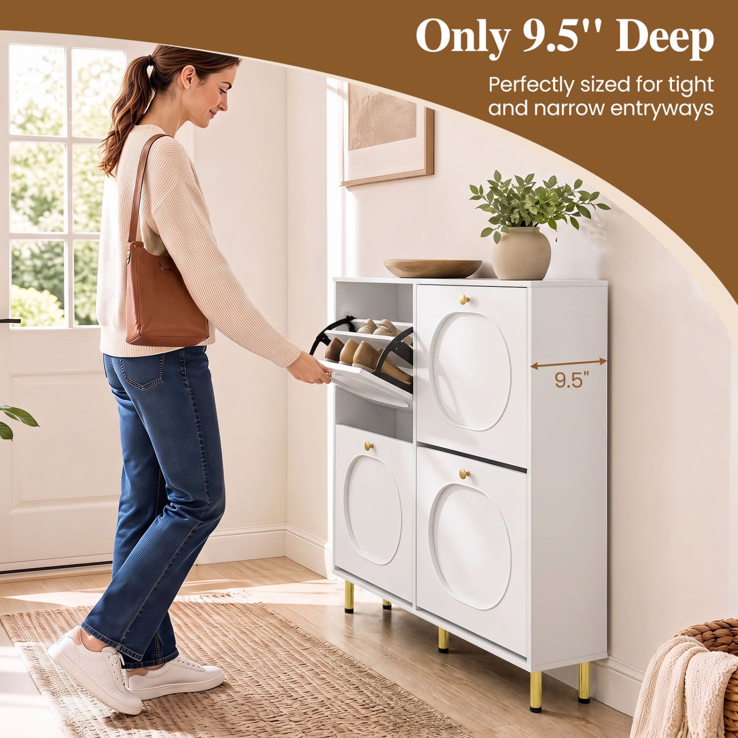 Shoe Storage Cabinet, 4 Flip Drawers, White