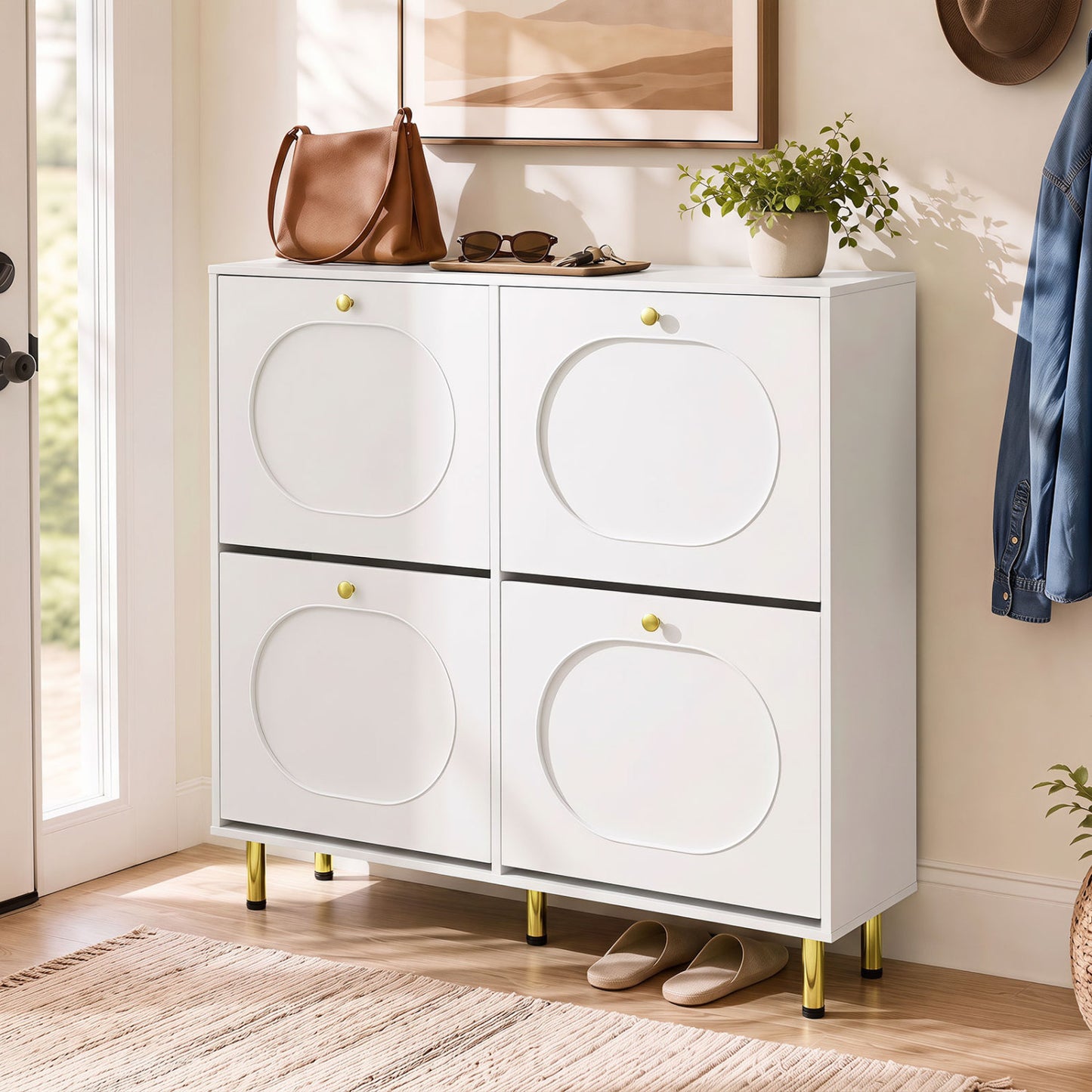 Shoe Storage Cabinet, 4 Flip Drawers, White